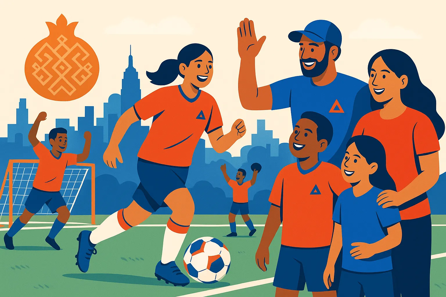 Armenian youth soccer players celebrating on the field with NYC skyline